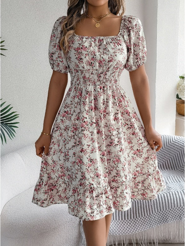 Casual Vacation Puff Sleeve Drawstring Short Sleeve Floral Dress by Lakd London