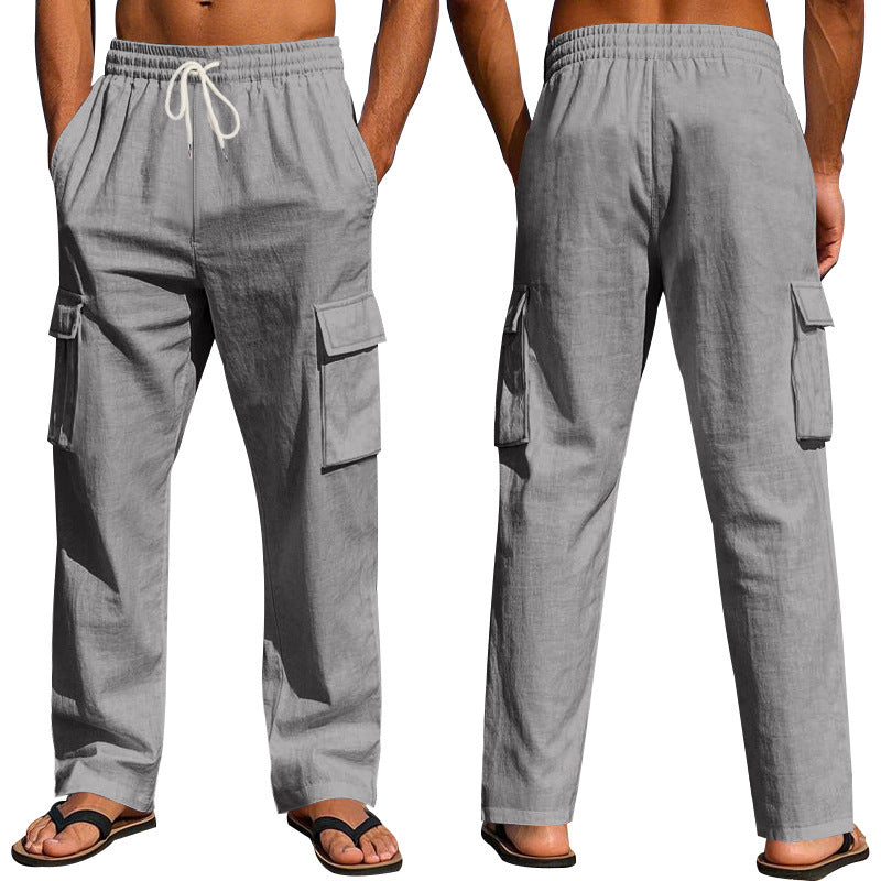 Multi-pocket Straight Linen Men's Cargo Trousersby Lakd London