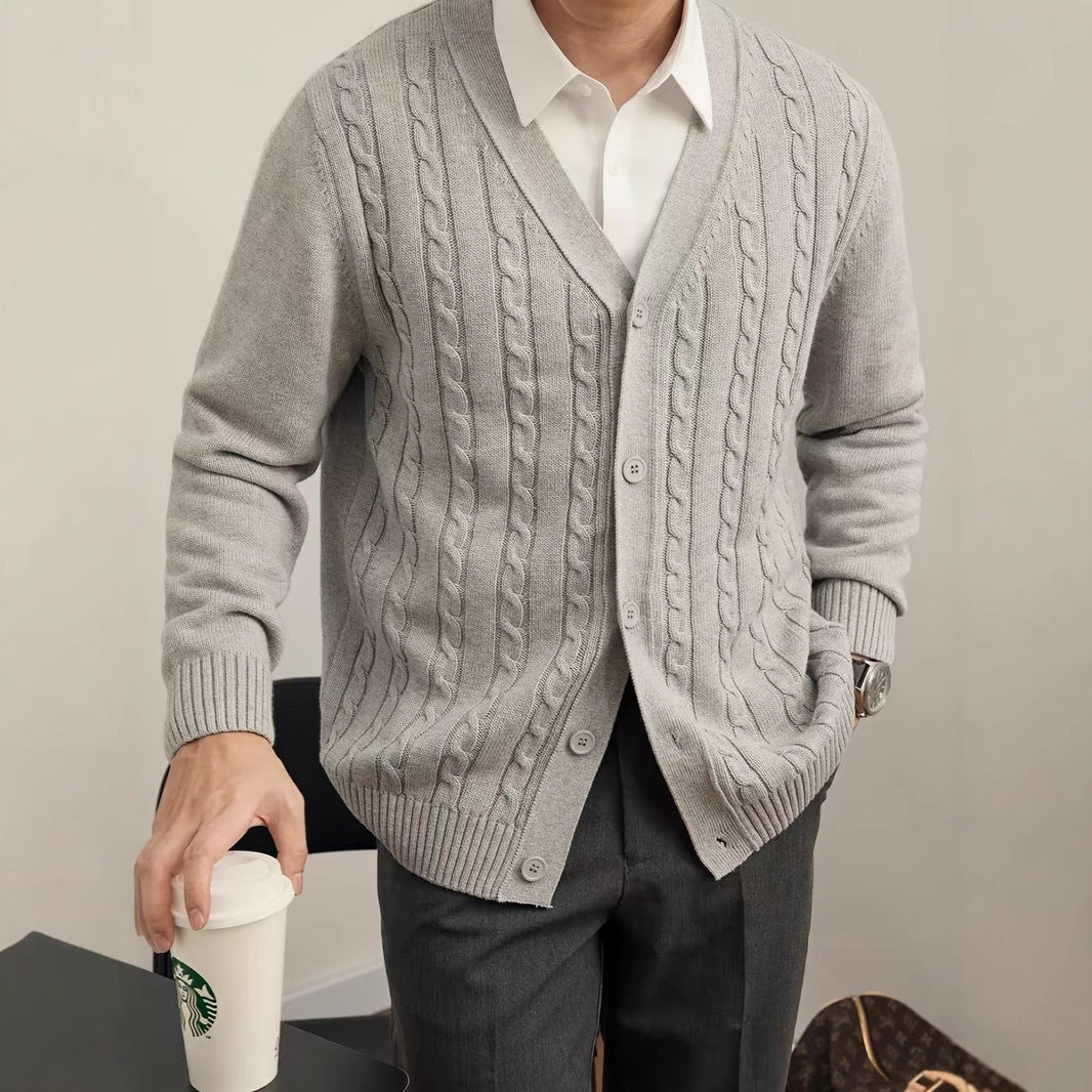 Mens Solid Color Knitted Cardigan Long Sleeve Sweater