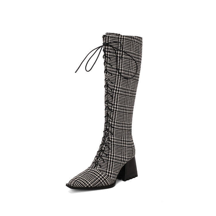 Womens Vintage Print Boots With Pointed Toes And Thick Heels