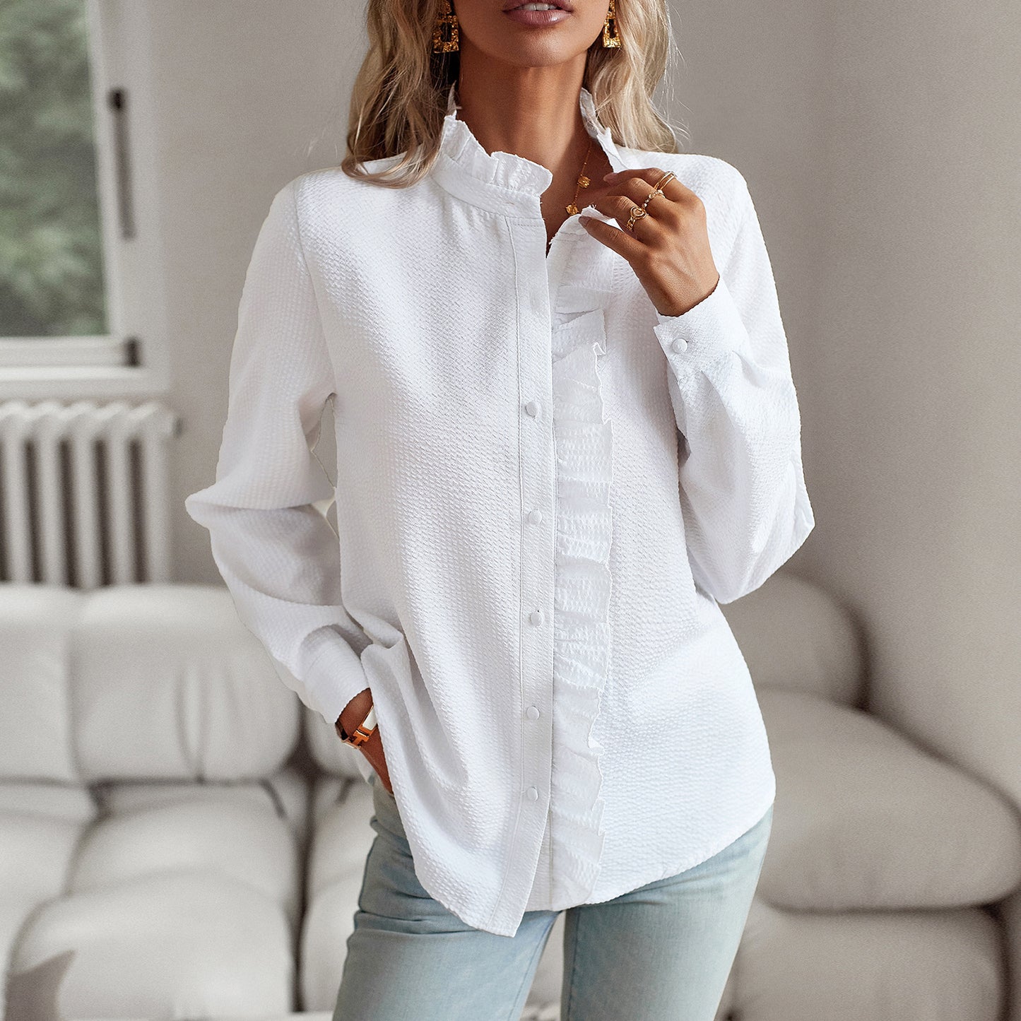 Striped Ruffled Textured Long Sleeves Button Down Commuting Shirt by Lakd London