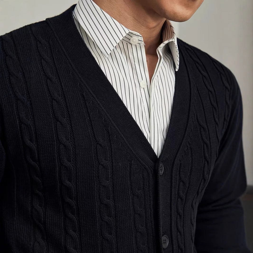 Mens Solid Color Knitted Cardigan Long Sleeve Sweater