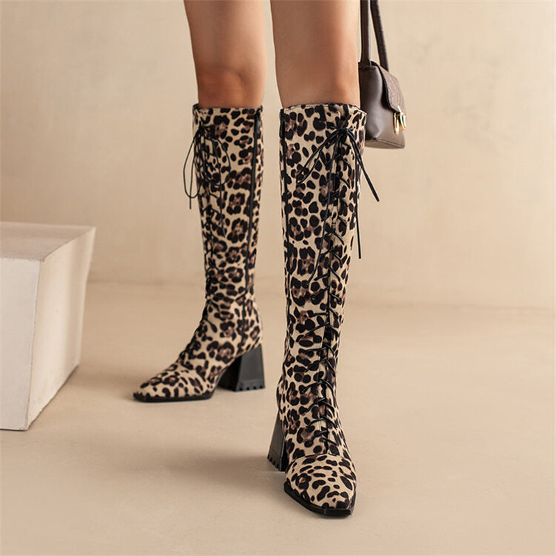 Womens Vintage Print Boots With Pointed Toes And Thick Heels