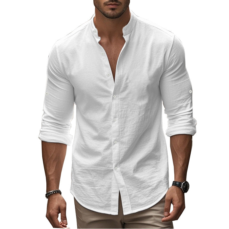 Men's Casual Cotton Standing Collar Long Sleeve Summer Shirt Breathable