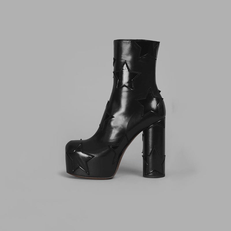 Womens Round Head Chunky High Heels Boot | Side Zipper Height Increasing