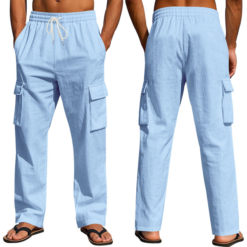 Men's Multi-Pocket Linen Cargo Trousers Straight Leg Casual Wear - LAKD London