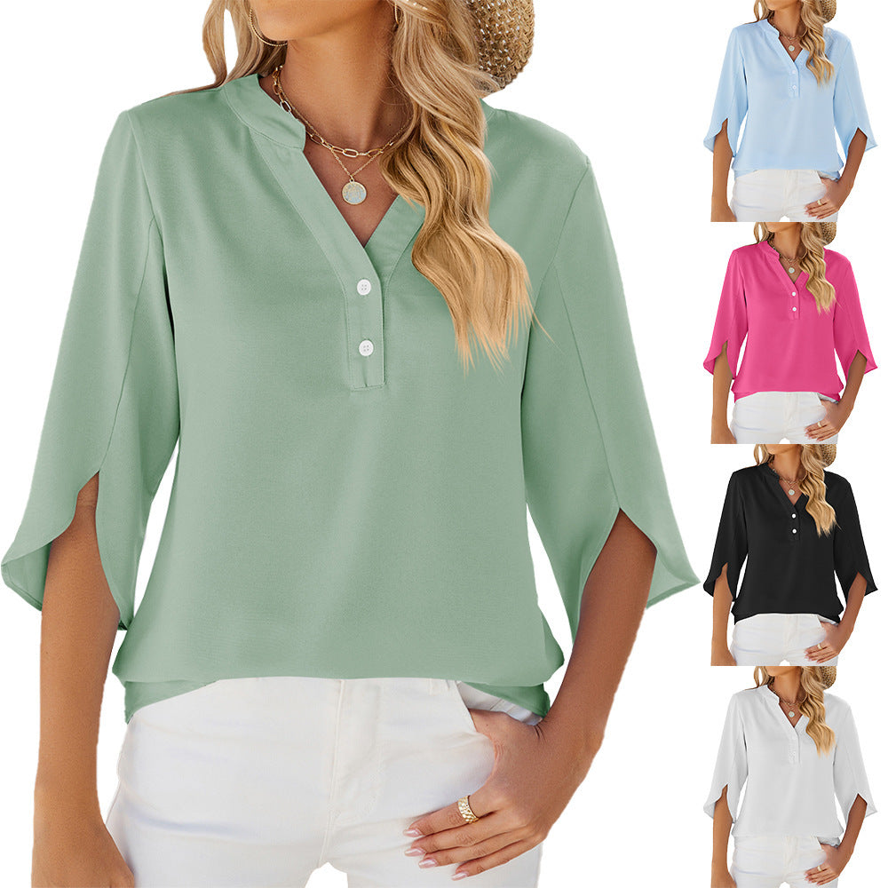 Womens Button V-neck Mid-sleeve Chiffon Shirt Solid Color Top by Lakd London