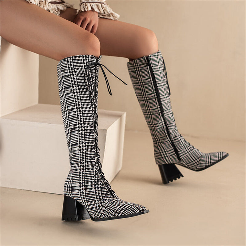 Womens Vintage Print Boots With Pointed Toes And Thick Heels