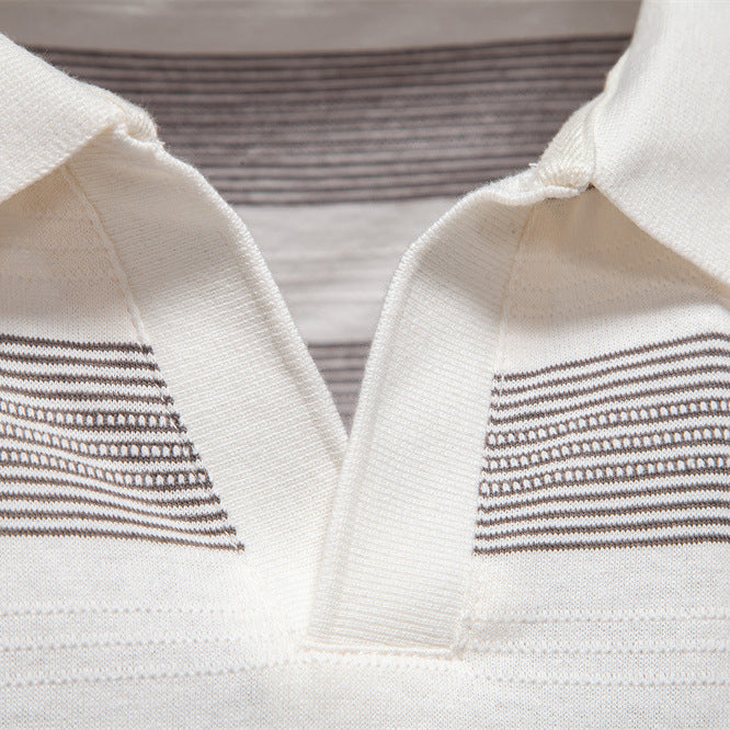 Mens Striped Lapel Polo Shirt | Summer Textured Short Sleeve Tee