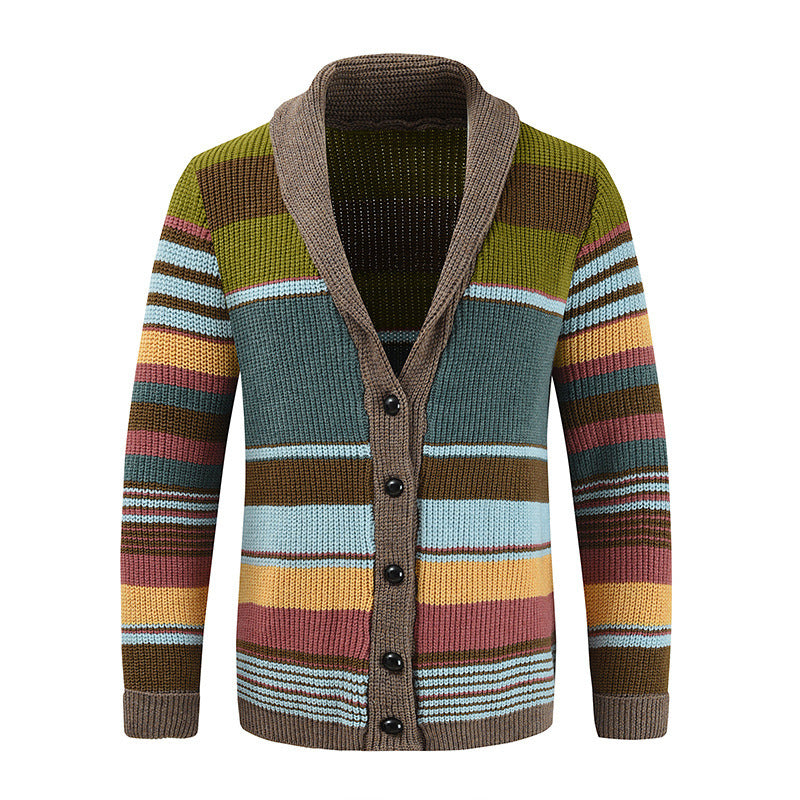Men's Comfortable Cotton Cardigan Multicolored Stripes Lapel Sweater