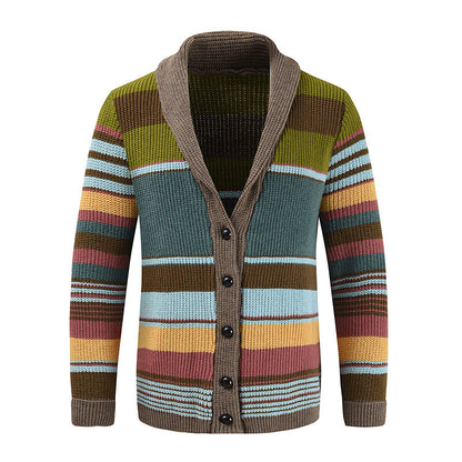 Men's Comfortable Cotton Cardigan Multicolored Stripes Lapel Sweater