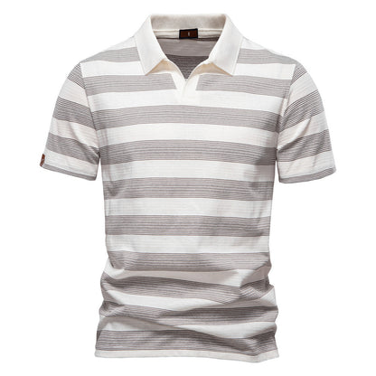 Mens Striped Lapel Polo Shirt | Summer Textured Short Sleeve Tee