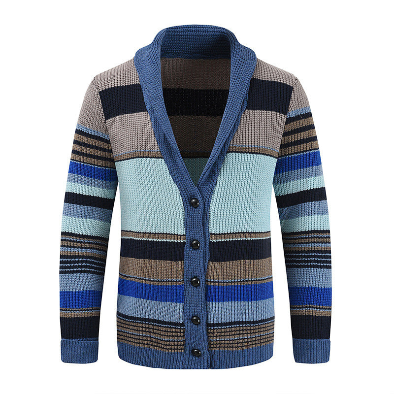 Men's Comfortable Cotton Cardigan Multicolored Stripes Lapel Sweater
