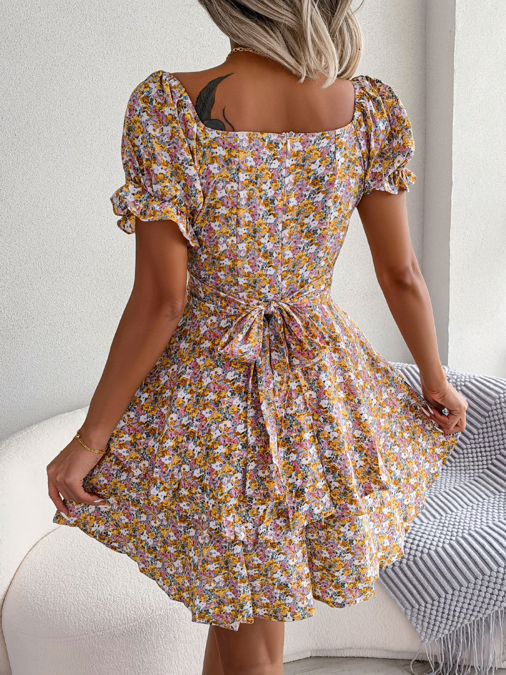 Women's Floral Mini Dress High Waist Swing Summer Style Casual