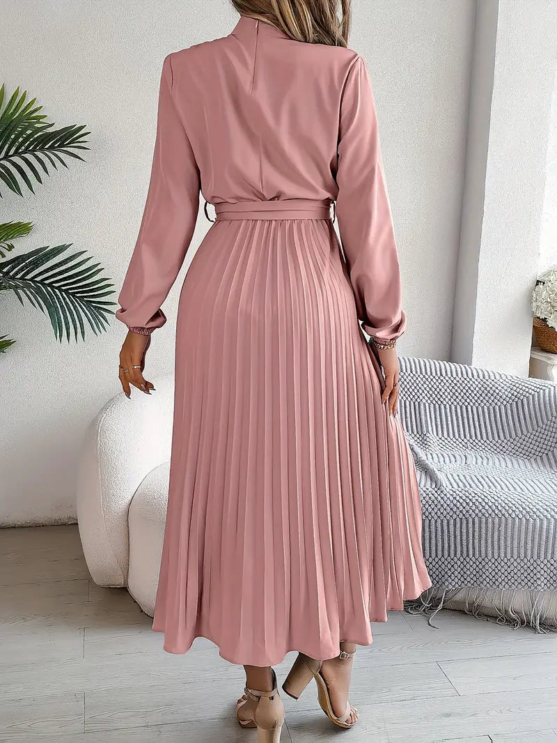 Women's Pleated Midi Belted Long Sleeve Occasion Dress - Relaxed Fit
