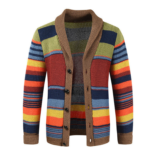 Men's Comfortable Cotton Cardigan Multicolored Stripes Lapel Sweater