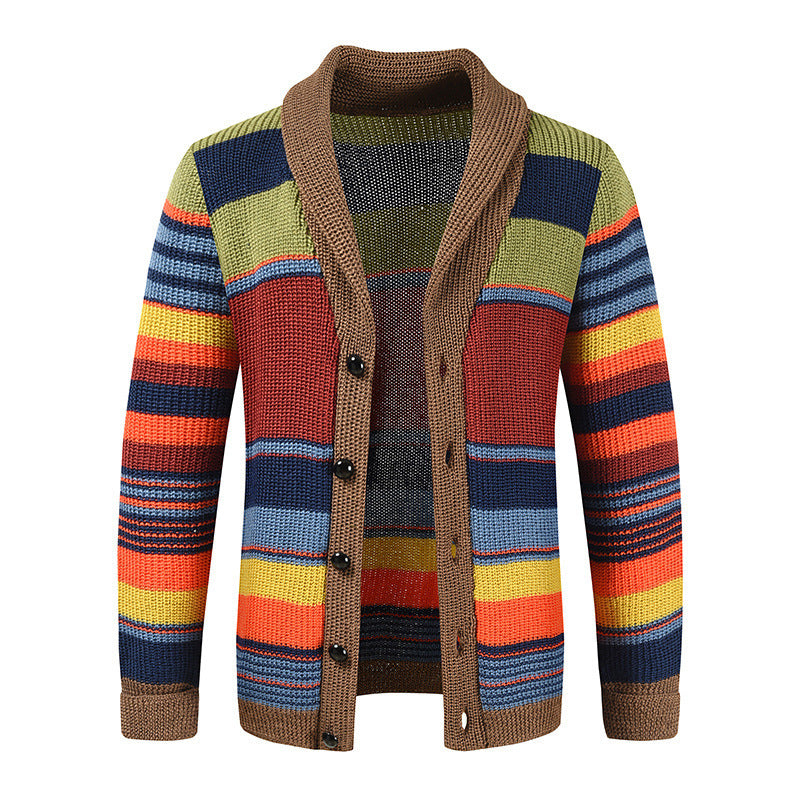 Men's Comfortable Cotton Cardigan Multicolored Stripes Lapel Sweater