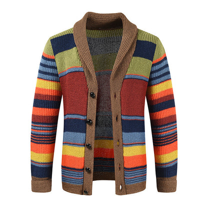 Men's Comfortable Cotton Cardigan Multicolored Stripes Lapel Sweater
