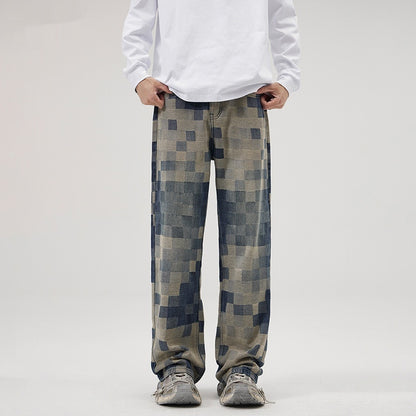 Men's Mosaic Chess Plaid Wide-leg Jeans | Comfortable Casual Pant by LAKD London