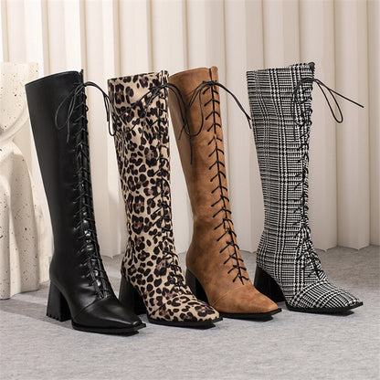 Womens Vintage Print Boots With Pointed Toes And Thick Heels