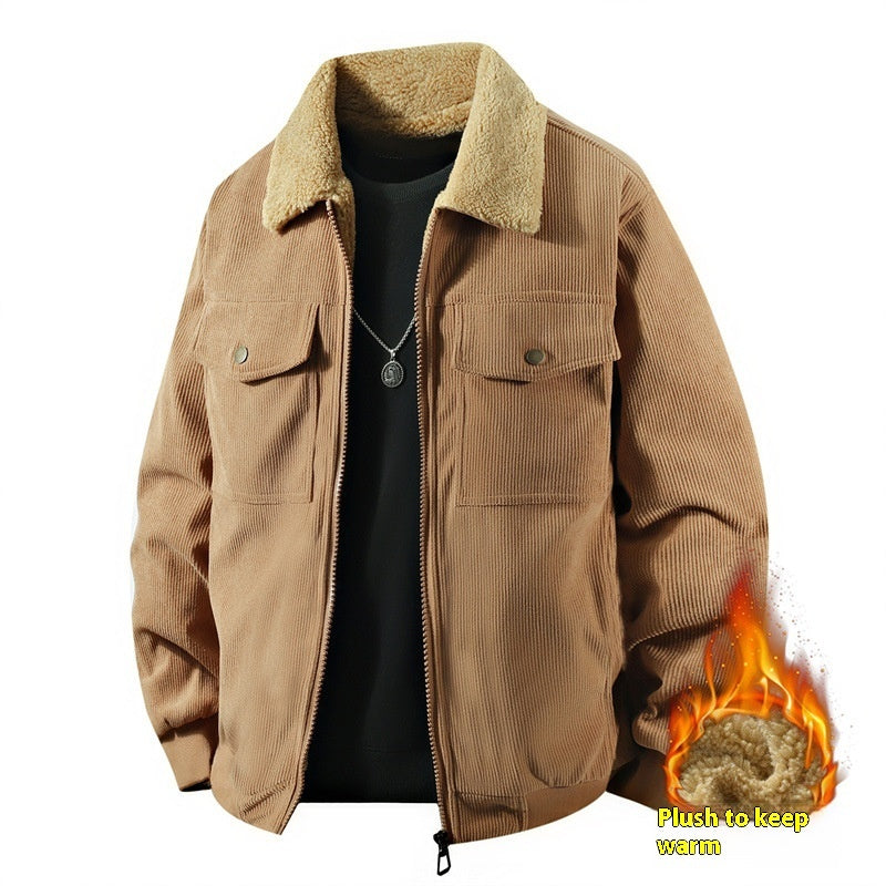Mens Fleece Corduroy Cotton Coat Jacket | Casual Polo Collar Coat