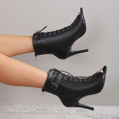 Women's Peep Toe High Heel Pumps | Lace-up Buckle Sandals With Back Zipper Design