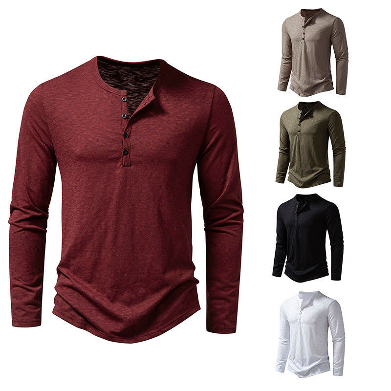 Mens Long Sleeve T-shirt | Button Henry Collar Tops