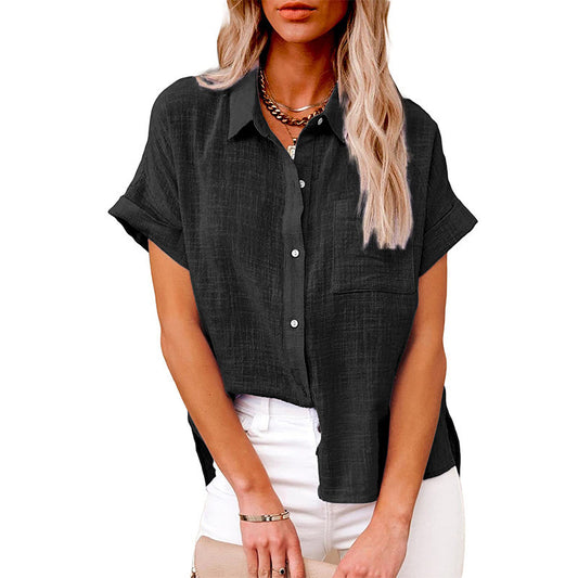 Womens Summer Lapel Short Sleeve Shirt | Solid Color Button Tops - LAKD London