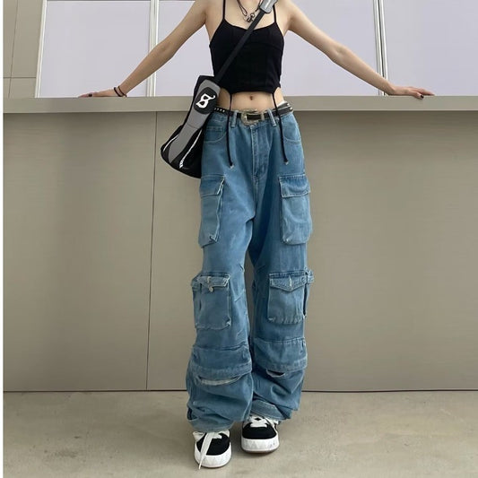 Womens High Waist Trousers Street Hipster Multi-pocket Wide Leg Tie-dyed Jeans