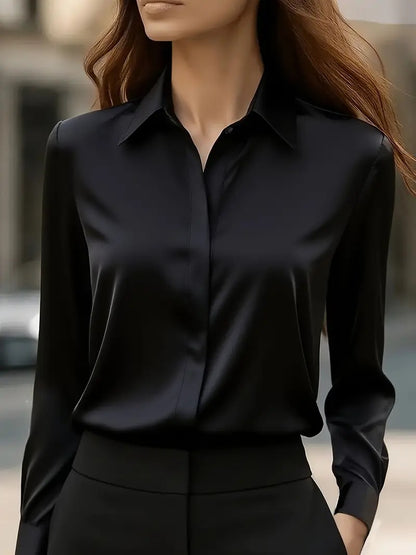 Women's Tailored Satin Lapel Long Sleeve Formal Office Blouse Shirt