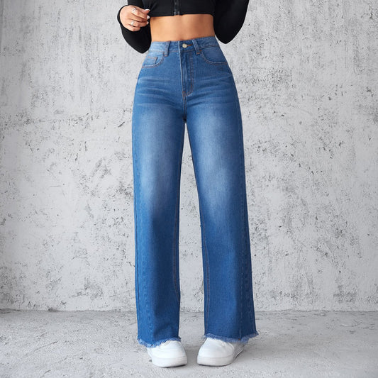 Womens Straight Wide Leg Jeans - Casual High-waist Non-elastic Pants