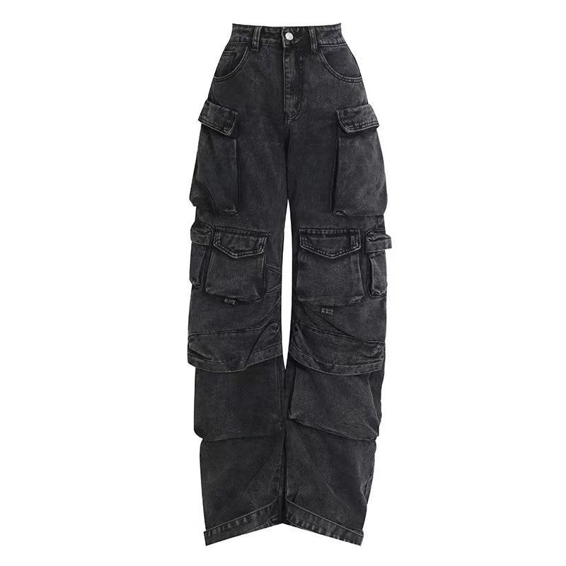 Womens High Waist Trousers Street Hipster Multi-pocket Wide Leg Tie-dyed Jeans