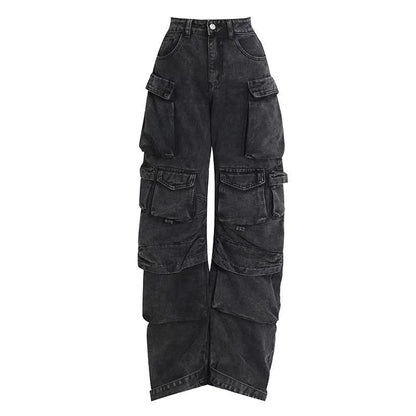 Womens High Waist Trousers Street Hipster Multi-pocket Wide Leg Tie-dyed Jeans