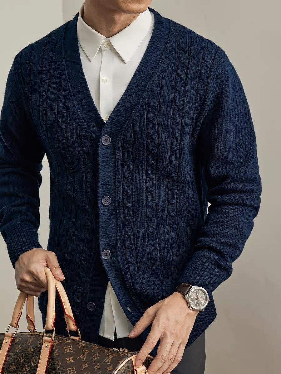 Mens Solid Color Knitted Cardigan Long Sleeve Sweater