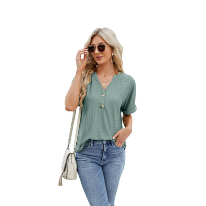 Womens V-neck Rolled Hem Short-sleeved Shirt | Summer Loose Casual T-shirt