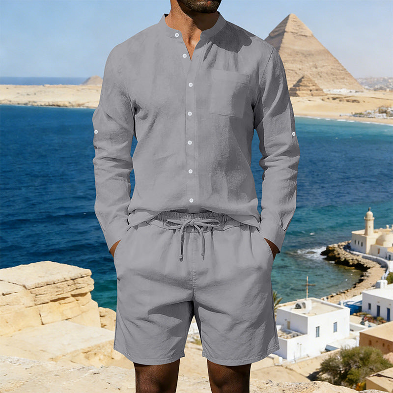 Men's Casual Linen Shirt and Shorts Summer Two Piece Set