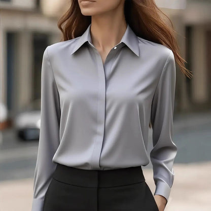 Women's Tailored Satin Lapel Long Sleeve Formal Office Blouse Shirt