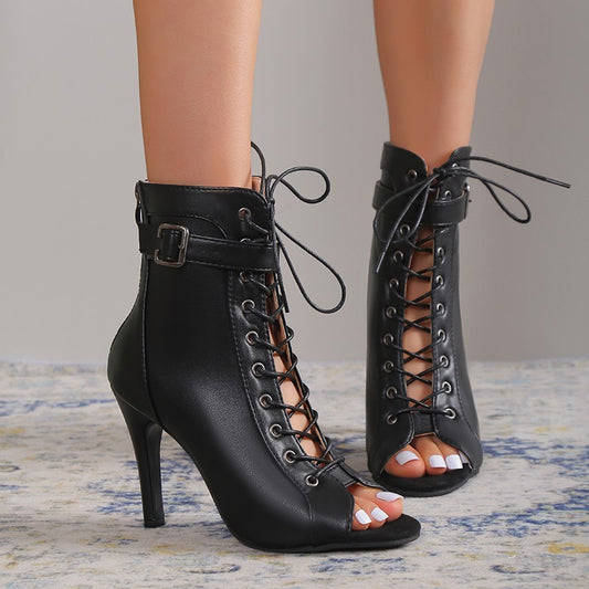Women's Peep Toe High Heel Pumps | Lace-up Buckle Sandals With Back Zipper Design