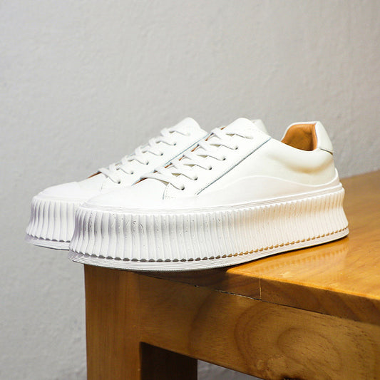 Women's Platform Leather White Shoes - Thick Heel