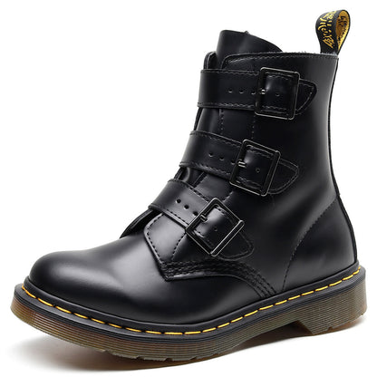 Womens High-top Martin Boots | Leather Motorcycle Three Buckle Straps