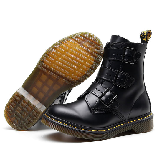 Womens High-top Martin Boots | Leather Motorcycle Three Buckle Straps