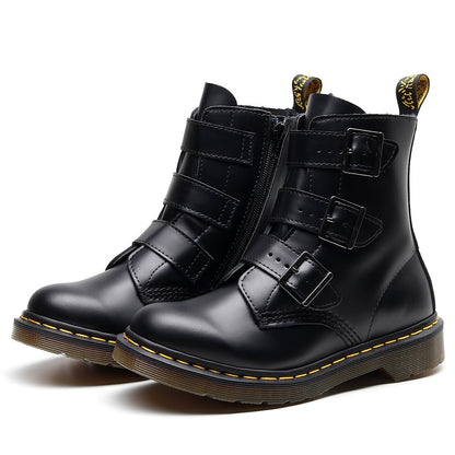 Womens High-top Martin Boots | Leather Motorcycle Three Buckle Straps