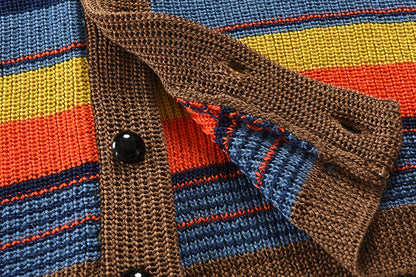 Men's Comfortable Cotton Cardigan Multicolored Stripes Lapel Sweater
