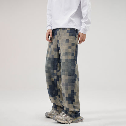Men's Mosaic Chess Plaid Wide-leg Jeans | Comfortable Casual Pant by LAKD London