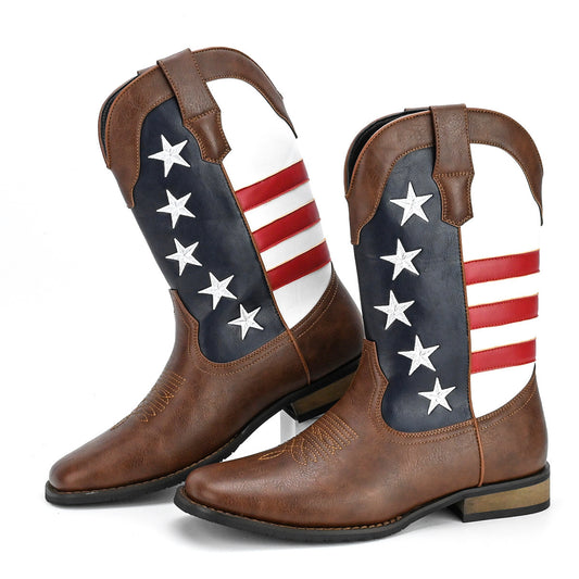 Men's Western Cowboy Boot | Thick Sole Square Heel Leather Shoes