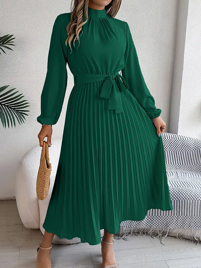 Women's Pleated Midi Belted Long Sleeve Occasion Dress - Relaxed Fit