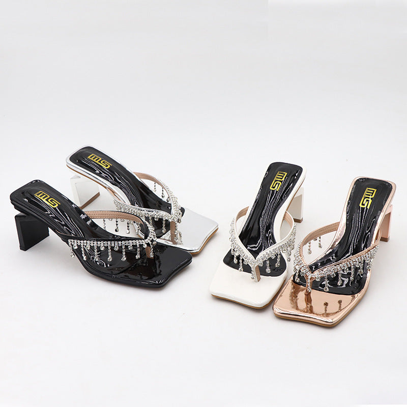 Womens Rhinestone High-heeled Sandal | Outdoor Square Toe Chunky Plus Size - LAKD London
