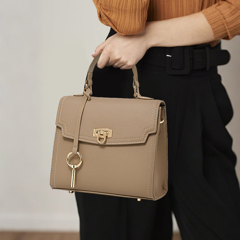 Womens Litchi Pattern Lock Vintage Handbag