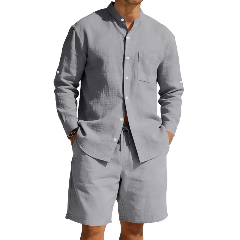 Men's Casual Linen Shirt and Shorts Summer Two Piece Set