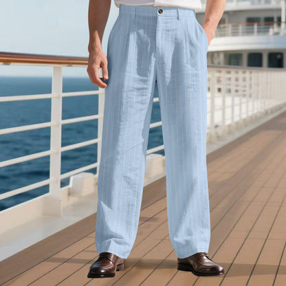 Mens Striped Loose Breathable Casual Cotton Trouser Pants